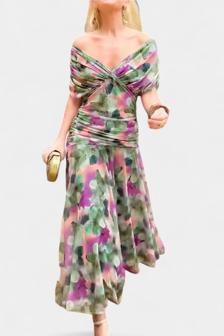Women's Off Shoulder Ruched Sleeve Twisted Crossover Bodice Gathered Waist Flowing Maxi Dress