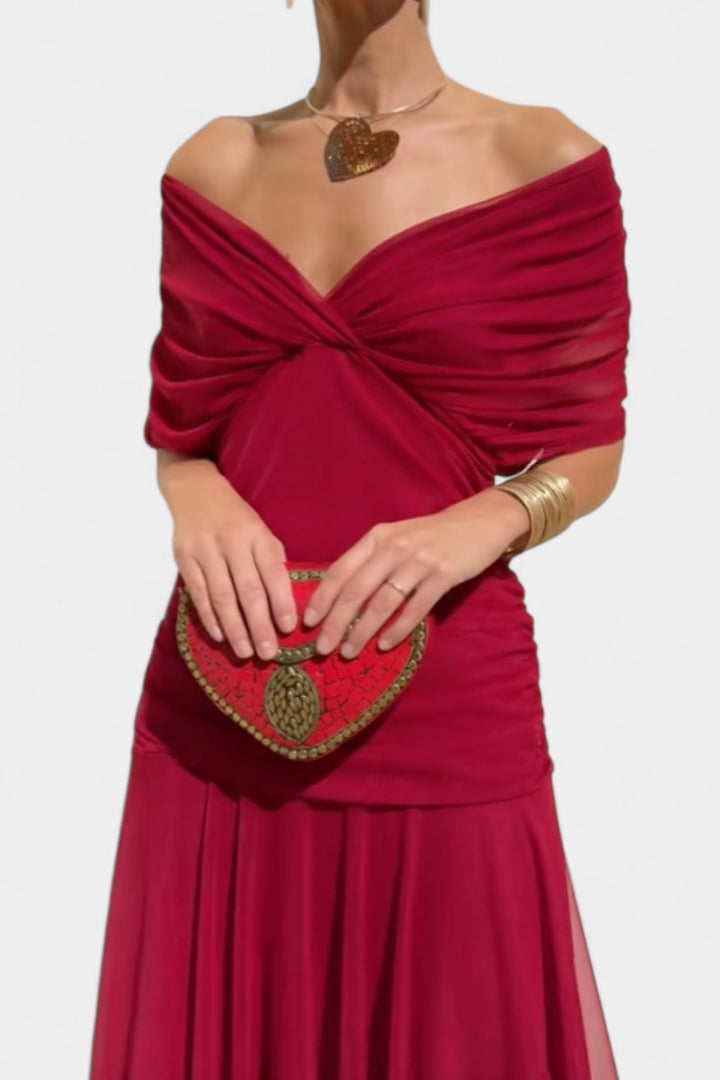 Women's Off Shoulder Ruched Sleeve Twisted Crossover Bodice Gathered Waist Flowing Maxi Dress