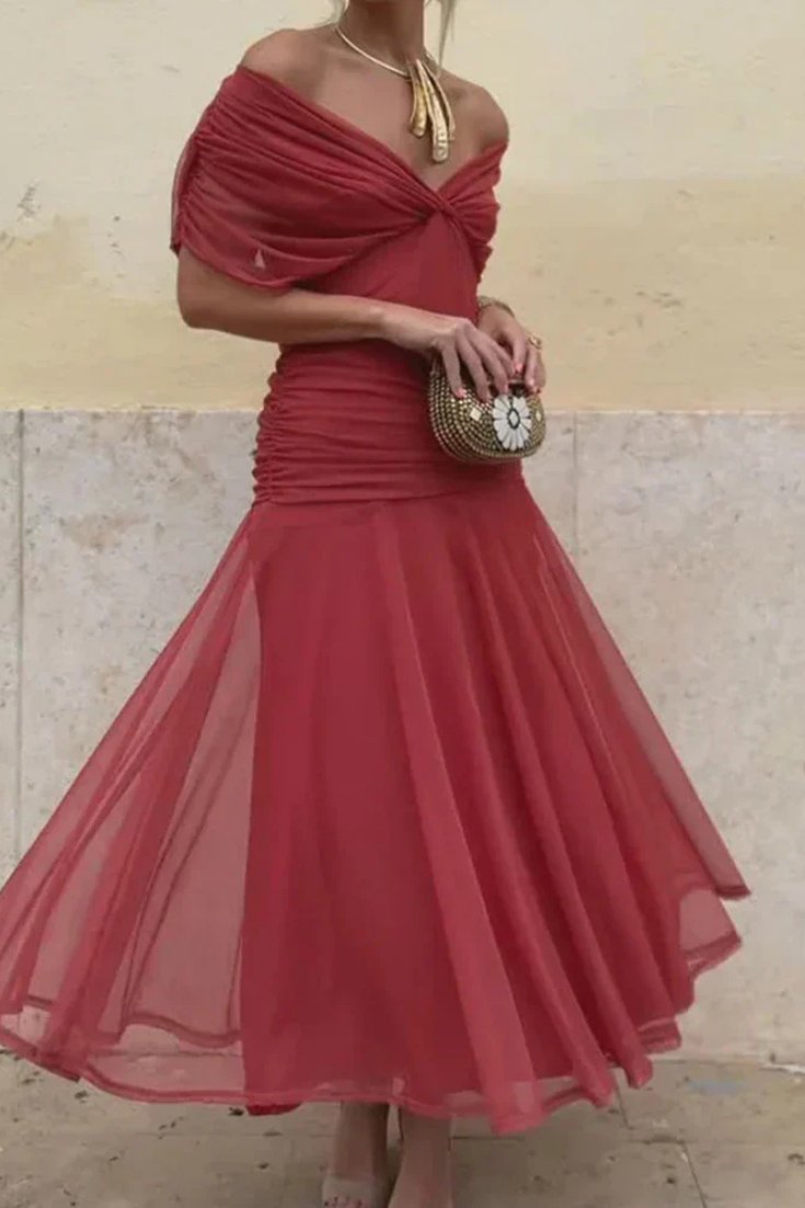 Women's Off Shoulder Ruched Sleeve Twisted Crossover Bodice Gathered Waist Flowing Maxi Dress