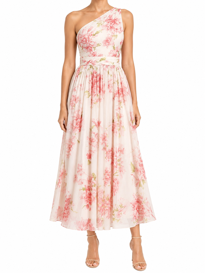 Women's One Shoulder Floral Peony Print Fitted Bodice Midi Dress with Fabric Sash Waist and Full Volume Skirt