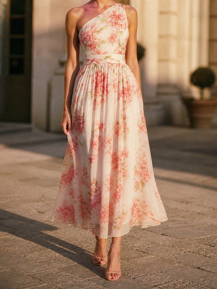 Women's One Shoulder Floral Peony Print Fitted Bodice Midi Dress with Fabric Sash Waist and Full Volume Skirt