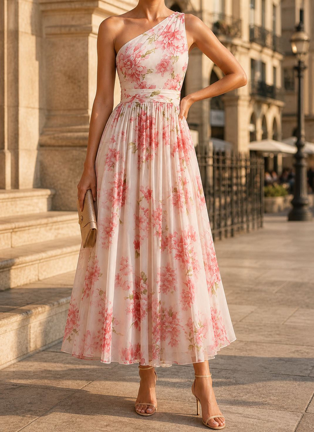 Women's One Shoulder Floral Peony Print Fitted Bodice Midi Dress with Fabric Sash Waist and Full Volume Skirt