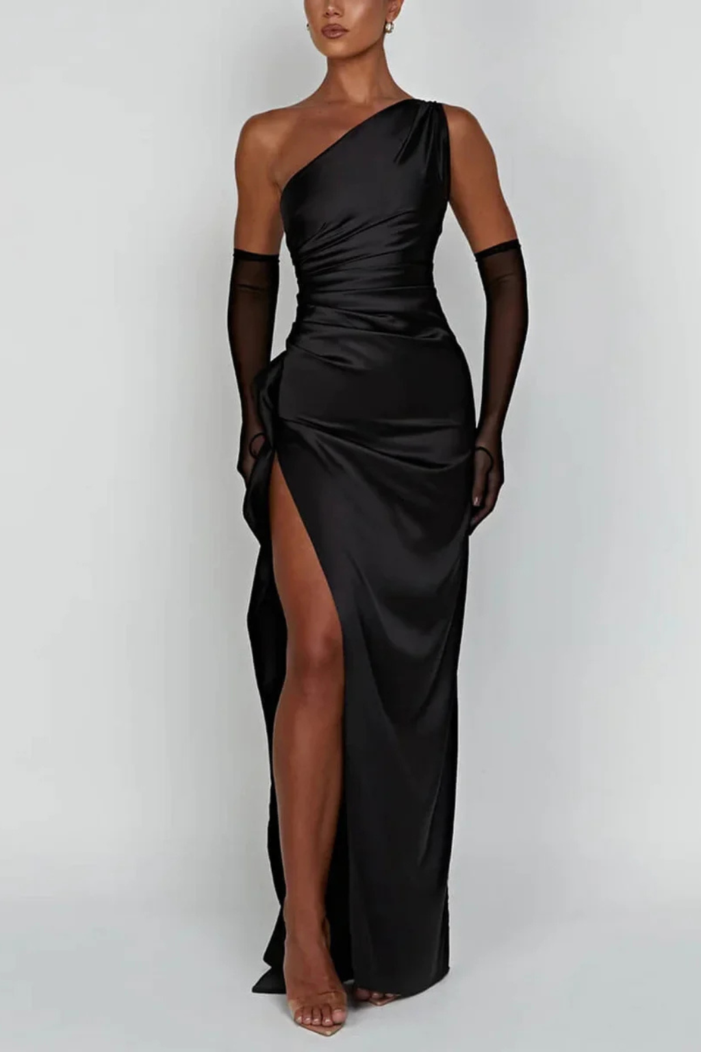 Women's One Shoulder Ruched Fitted Bodice Maxi Dress with High Side Split and Cascade Ruffle Panel