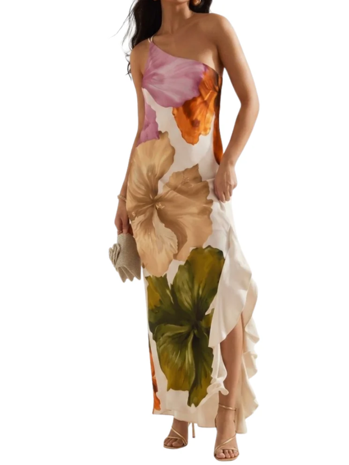 Women's One Shoulder Single Strap Pleated Radiating Waist Gather Large Scale Painterly Botanical Print Flowing Floor Length Maxi Dress