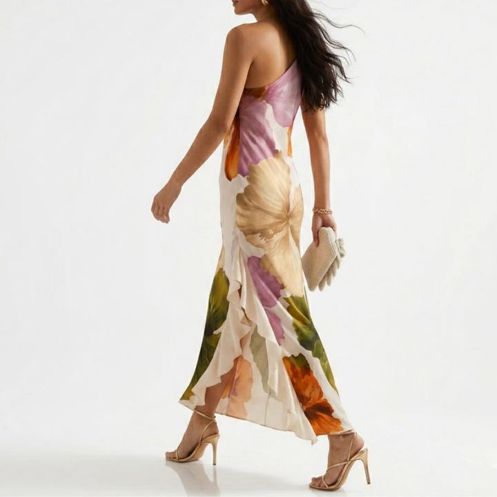 Women's One Shoulder Single Strap Pleated Radiating Waist Gather Large Scale Painterly Botanical Print Flowing Floor Length Maxi Dress
