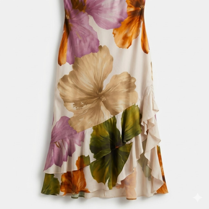 Women's One Shoulder Single Strap Pleated Radiating Waist Gather Large Scale Painterly Botanical Print Flowing Floor Length Maxi Dress