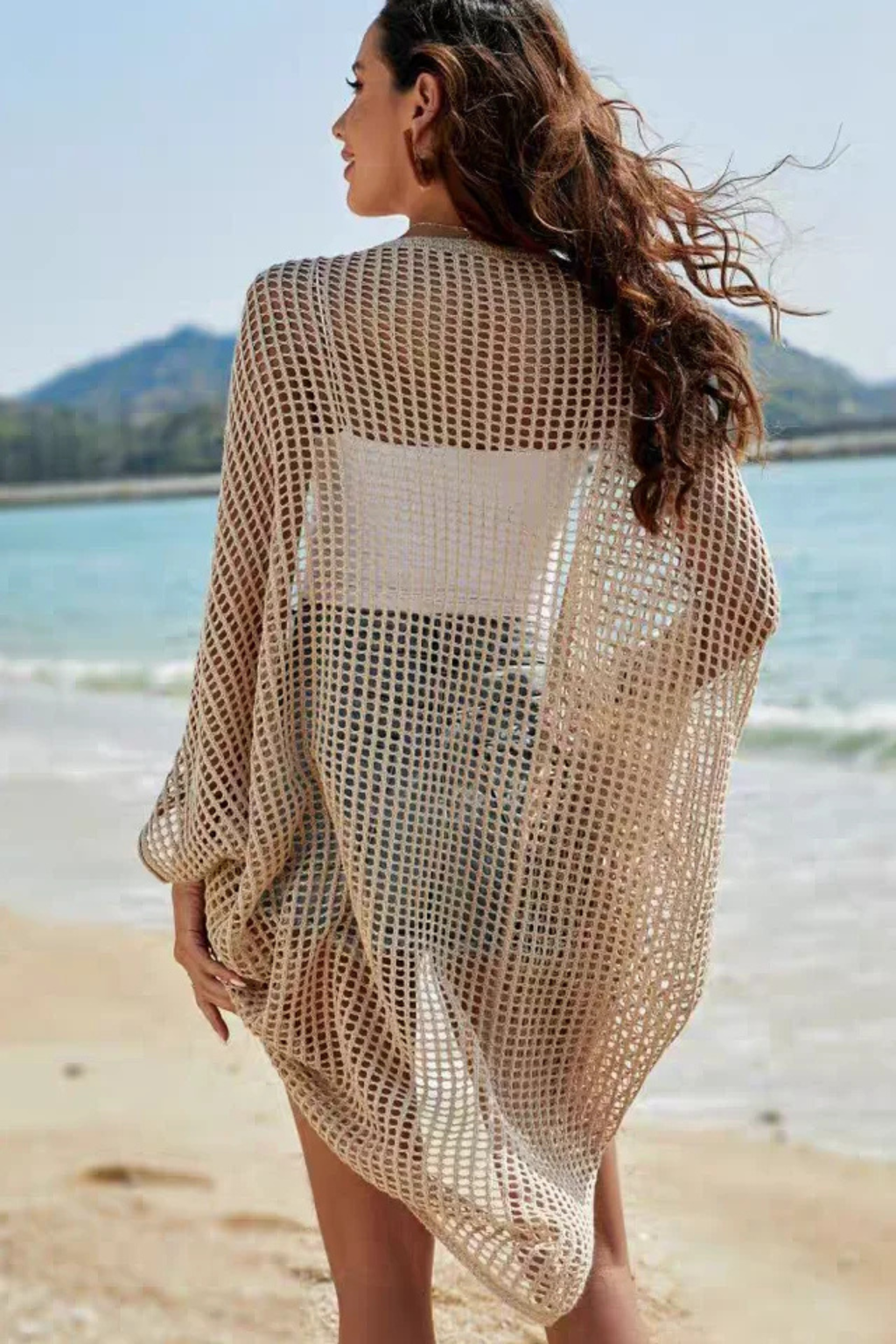 Women's Open Knit Grid Crochet Open Front Long Wide Batwing Sleeve Longline Cardigan Cover Up