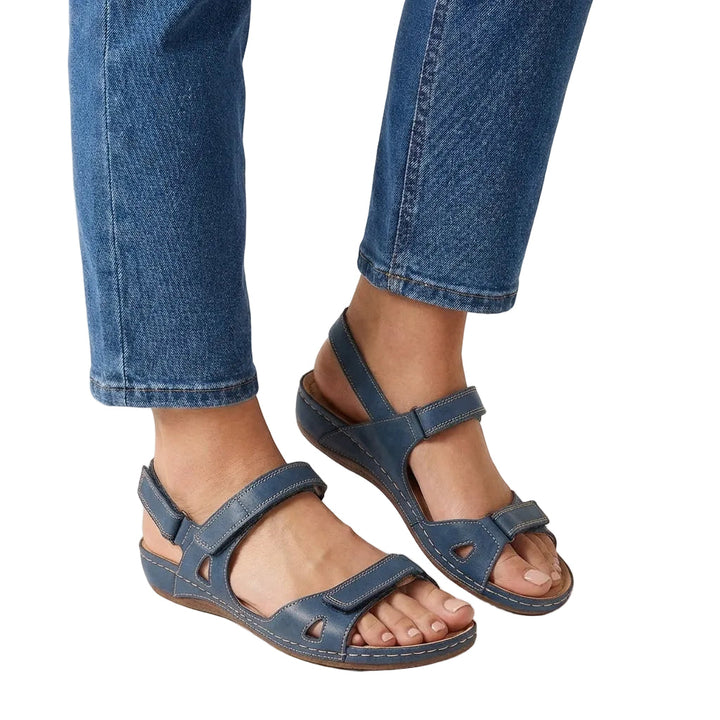 Women's Open Toe Double Velcro Adjustable Strap Cutout Side Vamp Topstitched Slingback Low Wedge Comfort Sandal