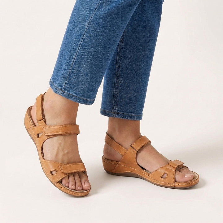 Women's Open Toe Double Velcro Adjustable Strap Cutout Side Vamp Topstitched Slingback Low Wedge Comfort Sandal