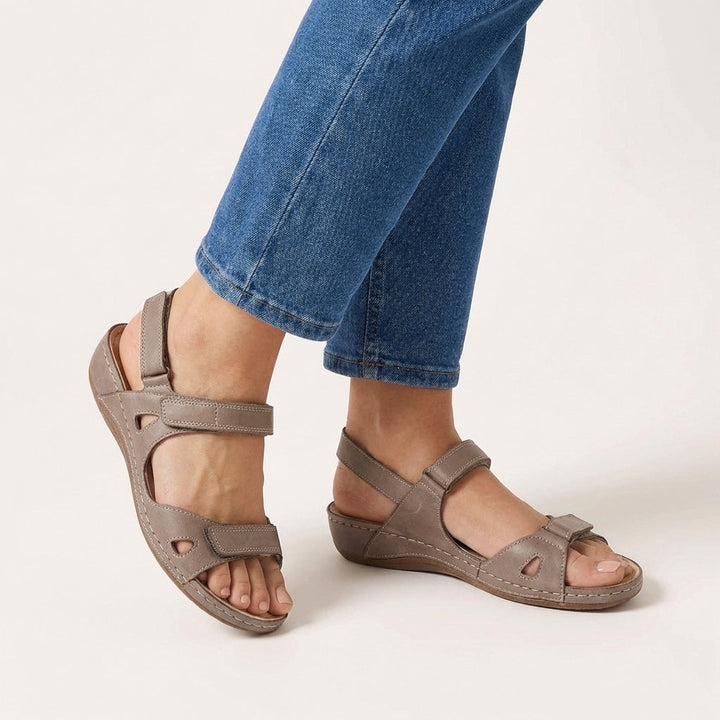 Women's Open Toe Double Velcro Adjustable Strap Cutout Side Vamp Topstitched Slingback Low Wedge Comfort Sandal