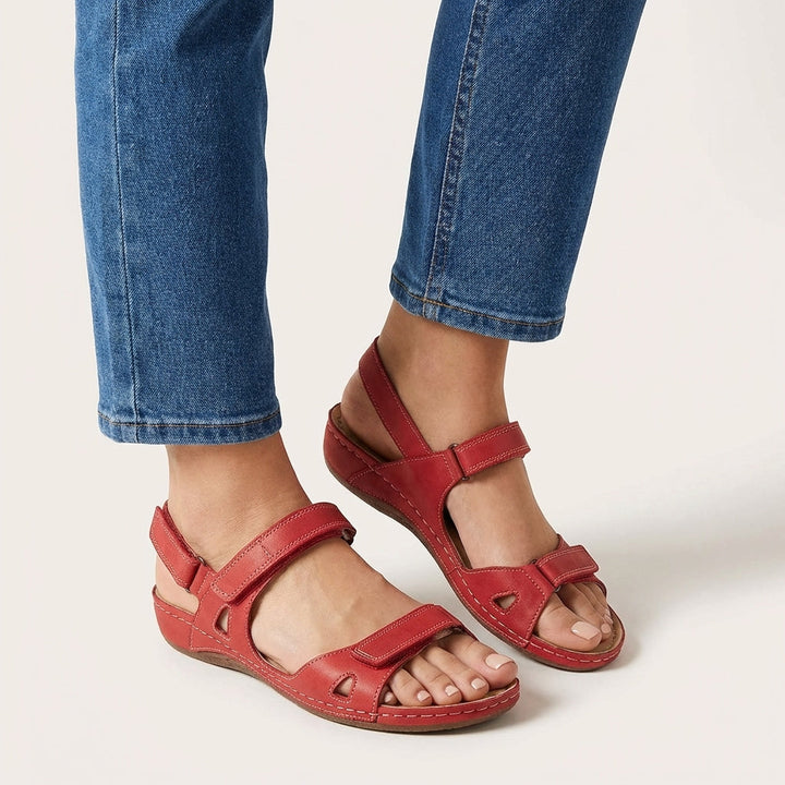Women's Open Toe Double Velcro Adjustable Strap Cutout Side Vamp Topstitched Slingback Low Wedge Comfort Sandal