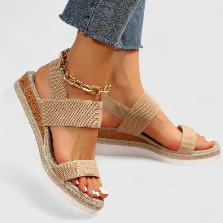 Women's Open Toe Double Wide Knitted Elasticated Strap Slip-On Espadrille Cork Wedge Platform White Rubber Outsole Sandal