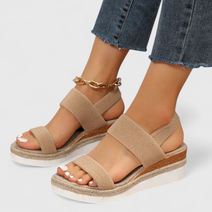 Women's Open Toe Double Wide Knitted Elasticated Strap Slip-On Espadrille Cork Wedge Platform White Rubber Outsole Sandal