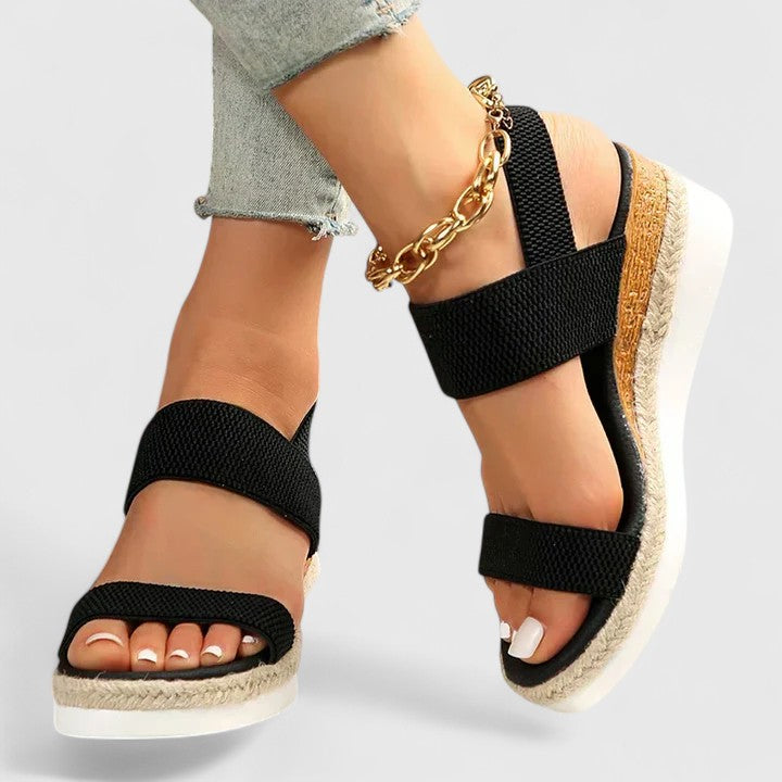 Women's Open Toe Double Wide Knitted Elasticated Strap Slip-On Espadrille Cork Wedge Platform White Rubber Outsole Sandal