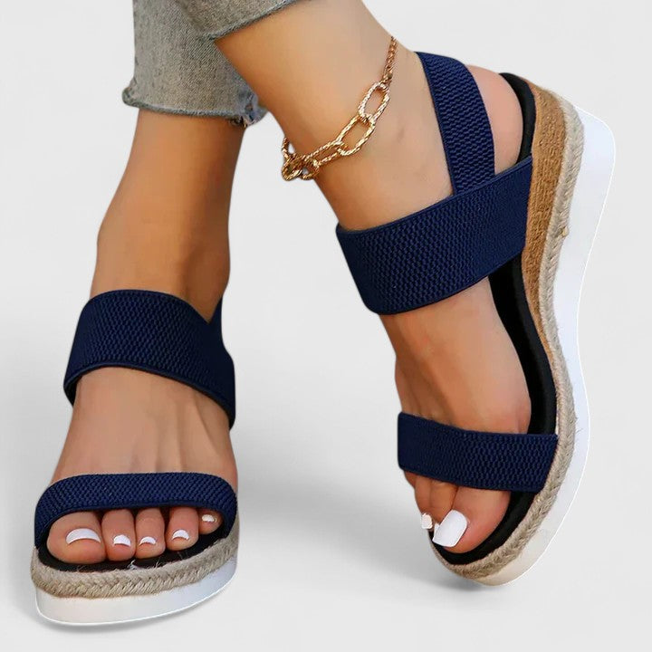 Women's Open Toe Double Wide Knitted Elasticated Strap Slip-On Espadrille Cork Wedge Platform White Rubber Outsole Sandal