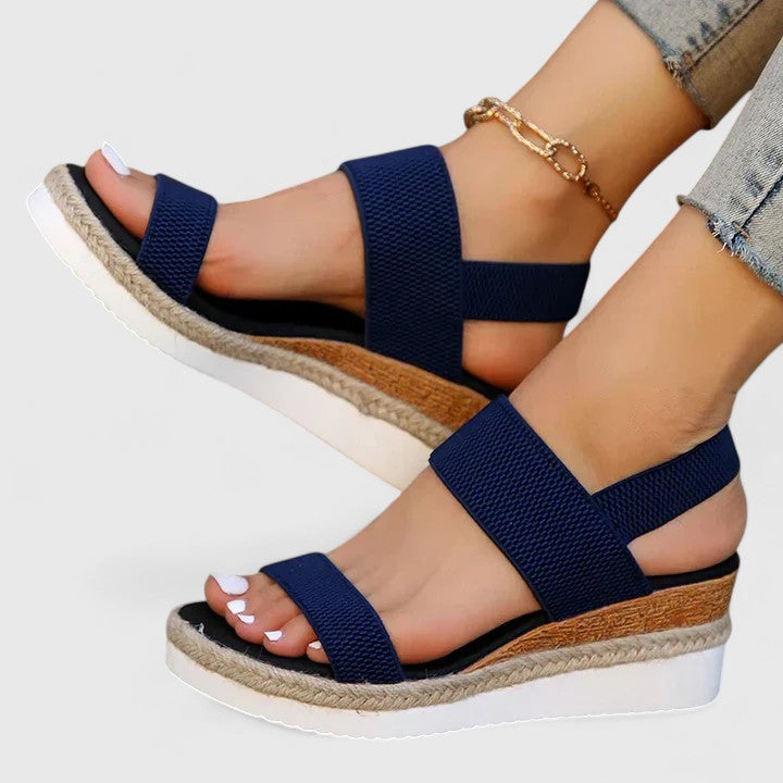 Women's Open Toe Double Wide Knitted Elasticated Strap Slip-On Espadrille Cork Wedge Platform White Rubber Outsole Sandal
