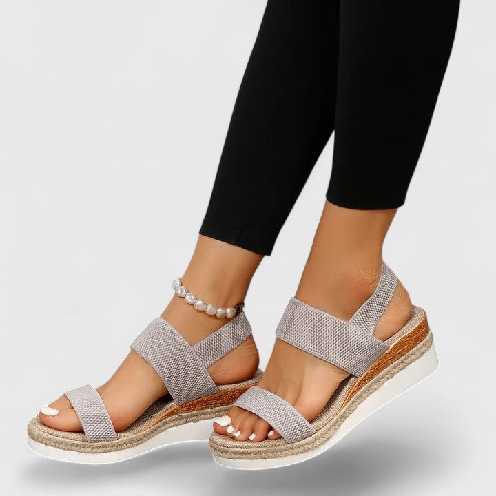 Women's Open Toe Double Wide Knitted Elasticated Strap Slip-On Espadrille Cork Wedge Platform White Rubber Outsole Sandal