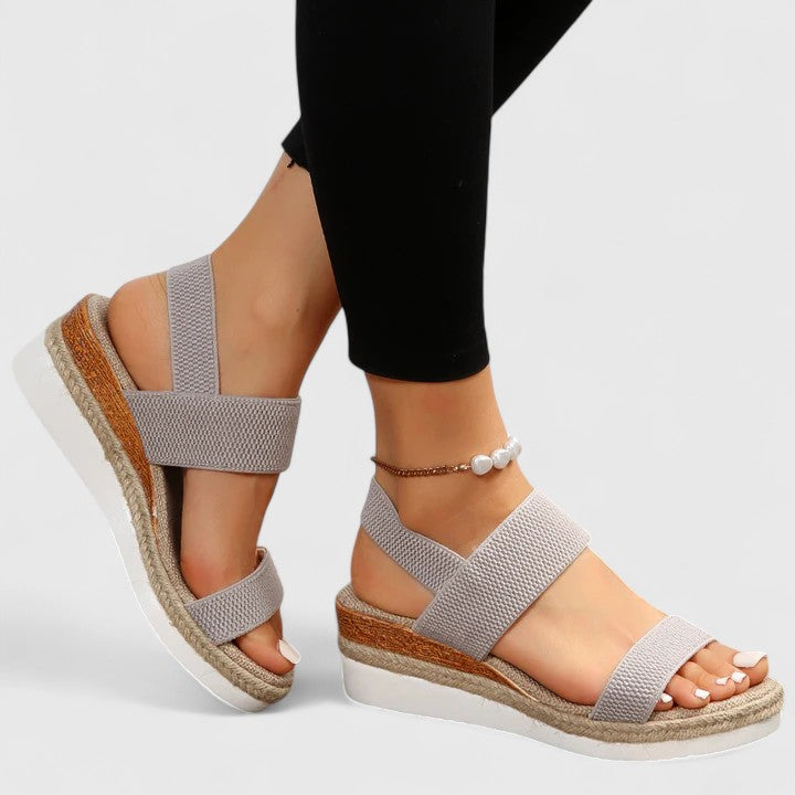 Women's Open Toe Double Wide Knitted Elasticated Strap Slip-On Espadrille Cork Wedge Platform White Rubber Outsole Sandal