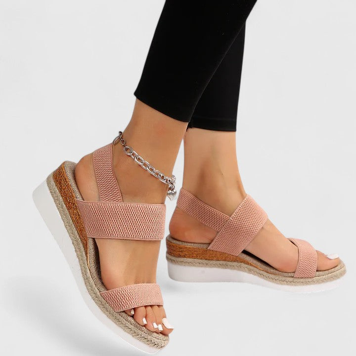 Women's Open Toe Double Wide Knitted Elasticated Strap Slip-On Espadrille Cork Wedge Platform White Rubber Outsole Sandal