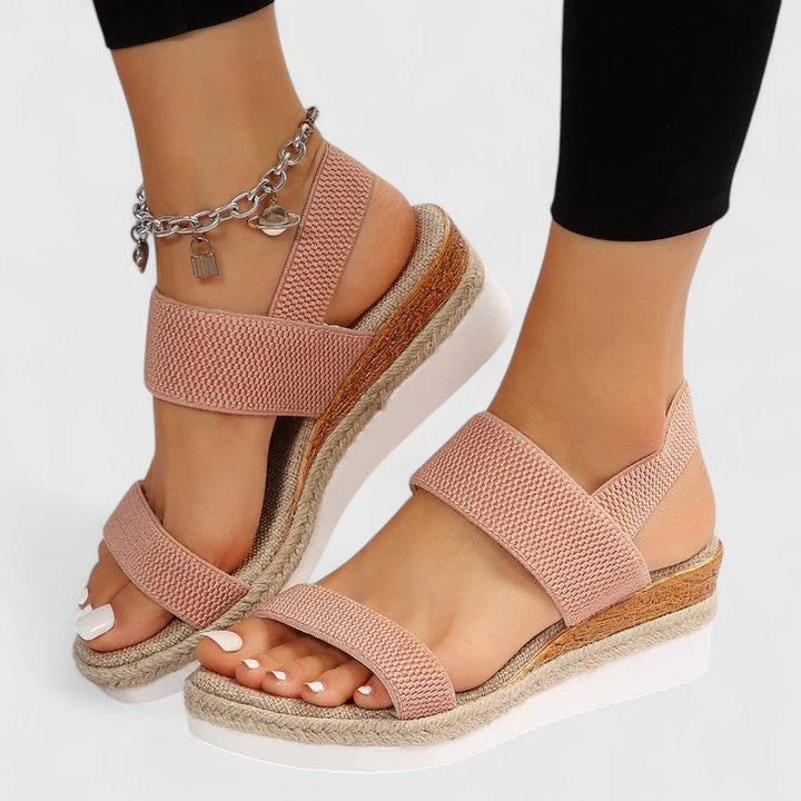 Women's Open Toe Double Wide Knitted Elasticated Strap Slip-On Espadrille Cork Wedge Platform White Rubber Outsole Sandal