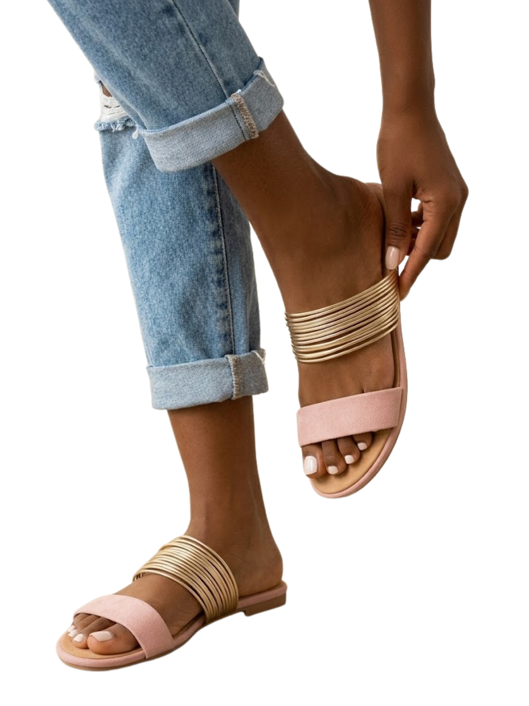 Women's Open Toe Slip On Flat Slide Sandal Wide Plain Matte Toe Strap Multi Layer Metallic Ring Stack Midfoot Detail Women's Slide Sandals