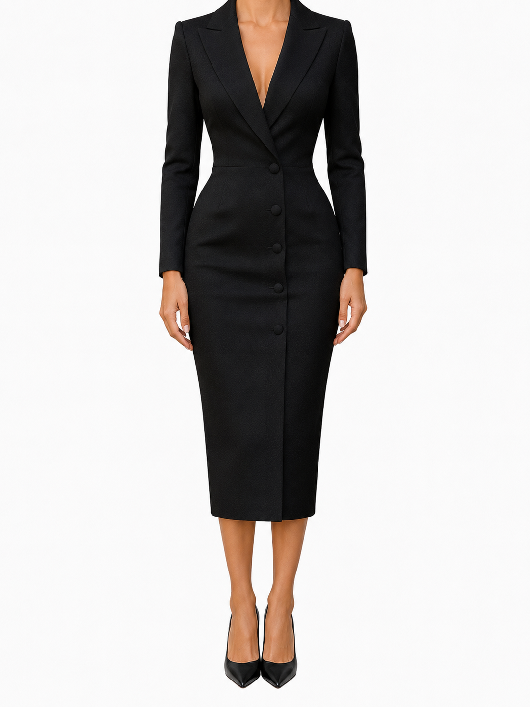 Women's Plain Tailored Long Sleeve Peak Lapel Double-Breasted Button Front Fitted Pencil Midi Blazer Dress