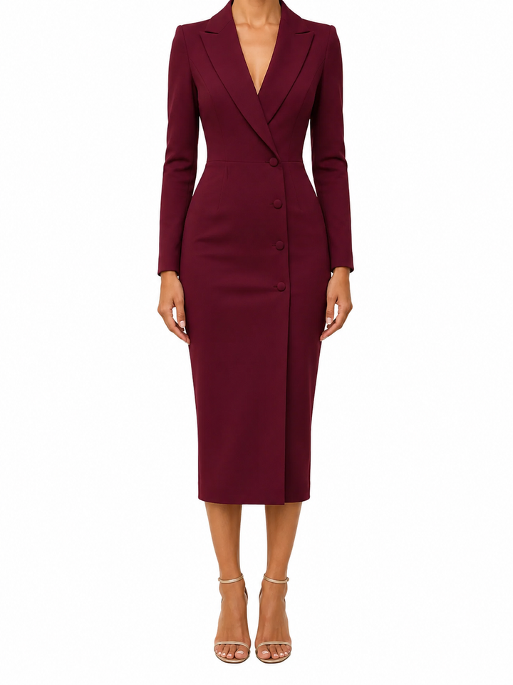 Women's Plain Tailored Long Sleeve Peak Lapel Double-Breasted Button Front Fitted Pencil Midi Blazer Dress