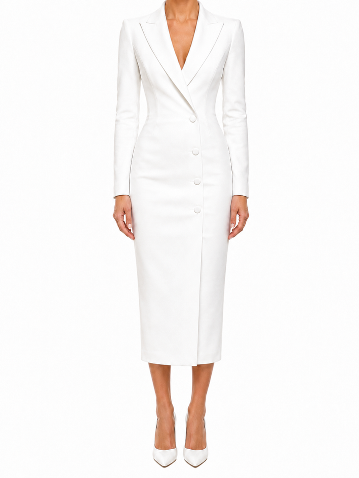 Women's Plain Tailored Long Sleeve Peak Lapel Double-Breasted Button Front Fitted Pencil Midi Blazer Dress