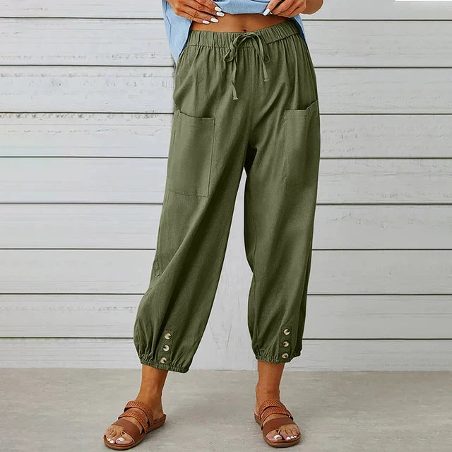 Women's Plain Woven Elasticated Drawstring High Waist Relaxed Harem Leg Large Patch Pocket Button Tab Elasticated Ankle Cuff Cropped Trouser