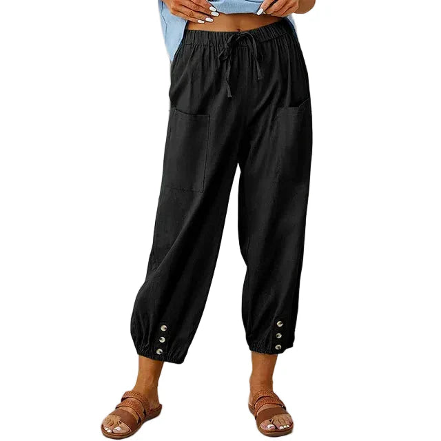 Women's Plain Woven Elasticated Drawstring High Waist Relaxed Harem Leg Large Patch Pocket Button Tab Elasticated Ankle Cuff Cropped Trouser