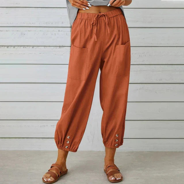 Women's Plain Woven Elasticated Drawstring High Waist Relaxed Harem Leg Large Patch Pocket Button Tab Elasticated Ankle Cuff Cropped Trouser
