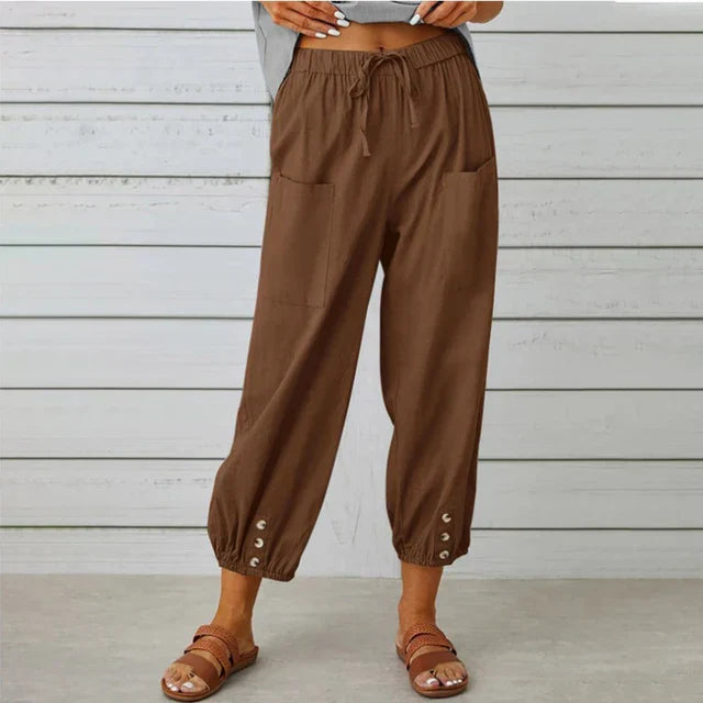 Women's Plain Woven Elasticated Drawstring High Waist Relaxed Harem Leg Large Patch Pocket Button Tab Elasticated Ankle Cuff Cropped Trouser