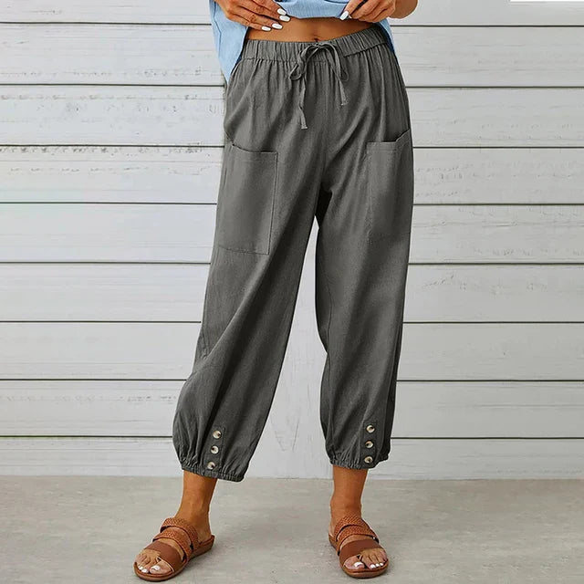 Women's Plain Woven Elasticated Drawstring High Waist Relaxed Harem Leg Large Patch Pocket Button Tab Elasticated Ankle Cuff Cropped Trouser