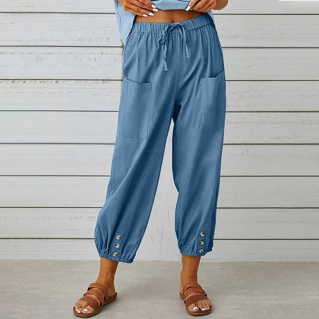 Women's Plain Woven Elasticated Drawstring High Waist Relaxed Harem Leg Large Patch Pocket Button Tab Elasticated Ankle Cuff Cropped Trouser