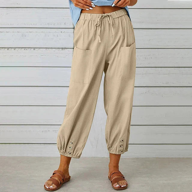 Women's Plain Woven Elasticated Drawstring High Waist Relaxed Harem Leg Large Patch Pocket Button Tab Elasticated Ankle Cuff Cropped Trouser