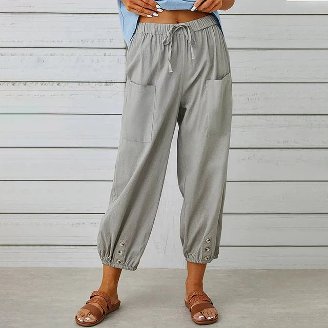 Women's Plain Woven Elasticated Drawstring High Waist Relaxed Harem Leg Large Patch Pocket Button Tab Elasticated Ankle Cuff Cropped Trouser