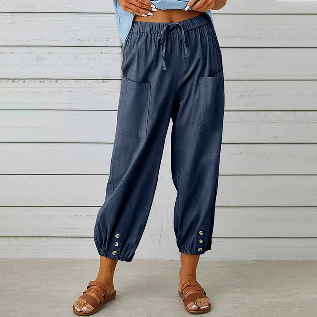 Women's Plain Woven Elasticated Drawstring High Waist Relaxed Harem Leg Large Patch Pocket Button Tab Elasticated Ankle Cuff Cropped Trouser