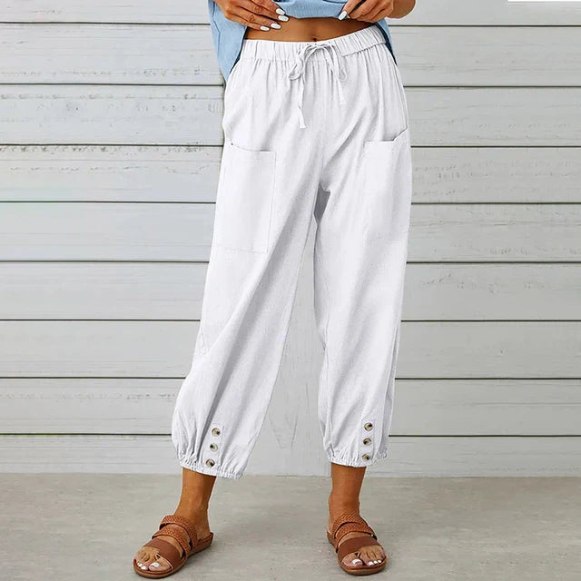 Women's Plain Woven Elasticated Drawstring High Waist Relaxed Harem Leg Large Patch Pocket Button Tab Elasticated Ankle Cuff Cropped Trouser