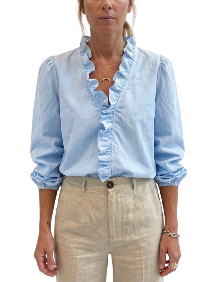 Women's Plain Woven Long Sleeve V-Neck Centre Front Ruffle Trim Elasticated Cuff Relaxed Fit Blouse