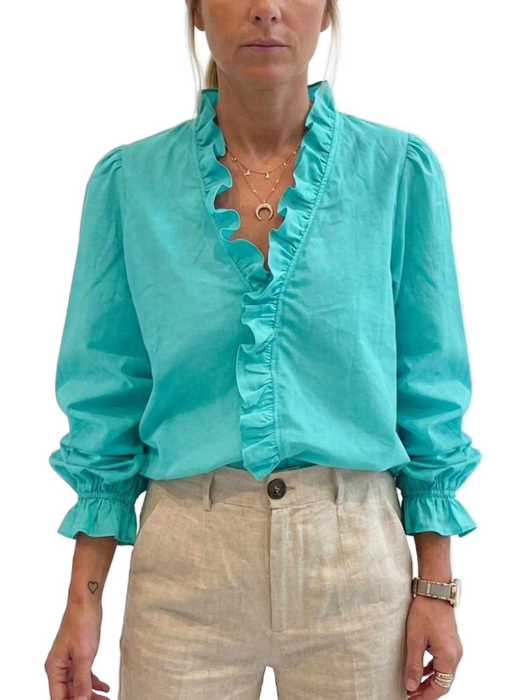 Women's Plain Woven Long Sleeve V-Neck Centre Front Ruffle Trim Elasticated Cuff Relaxed Fit Blouse