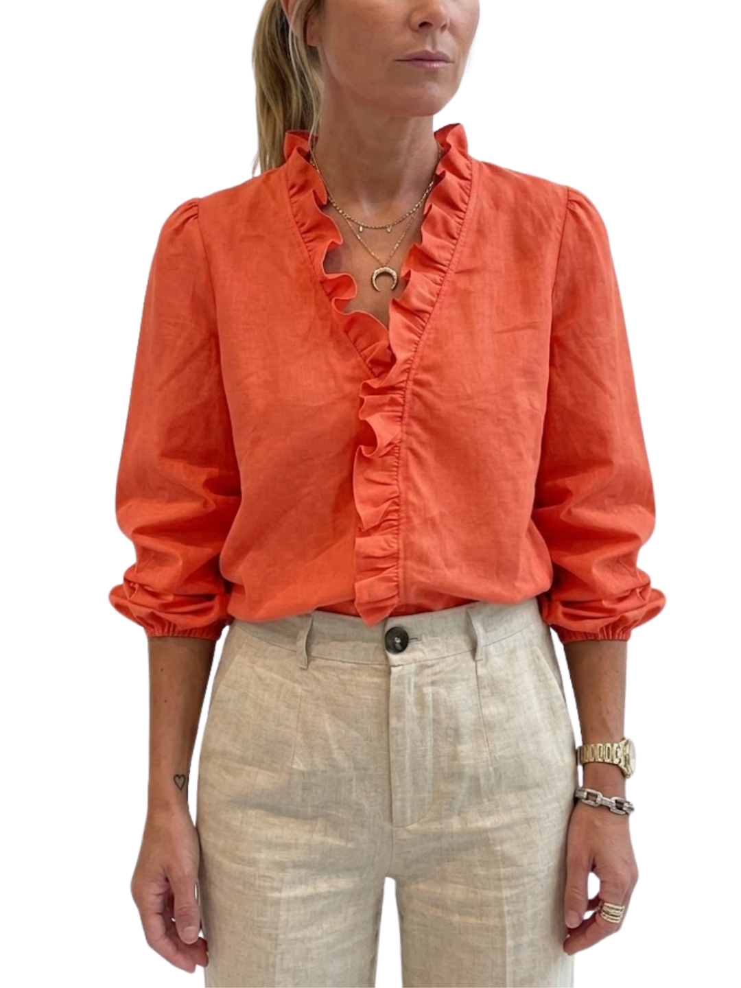 Women's Plain Woven Long Sleeve V-Neck Centre Front Ruffle Trim Elasticated Cuff Relaxed Fit Blouse