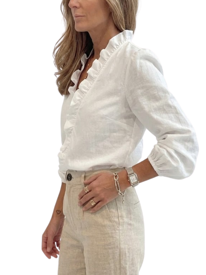 Women's Plain Woven Long Sleeve V-Neck Centre Front Ruffle Trim Elasticated Cuff Relaxed Fit Blouse