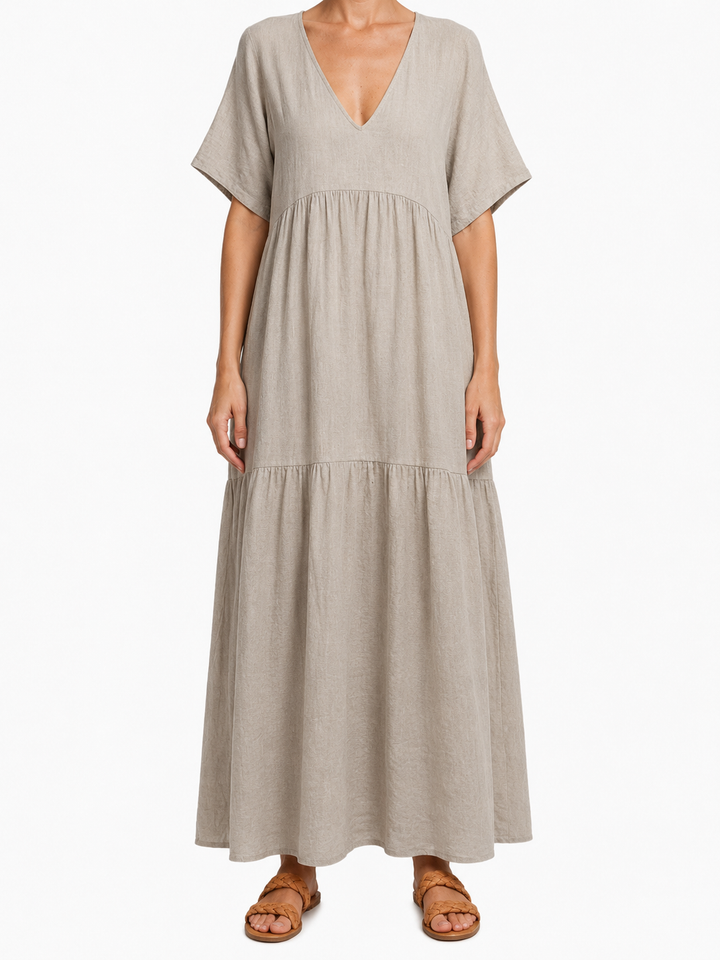Women's Plain Woven Short Dolman Sleeve V-Neck Double Tiered Gathered Seam Oversized Relaxed Maxi Dress