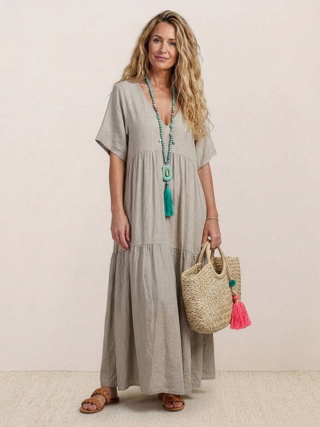 Women's Plain Woven Short Dolman Sleeve V-Neck Double Tiered Gathered Seam Oversized Relaxed Maxi Dress