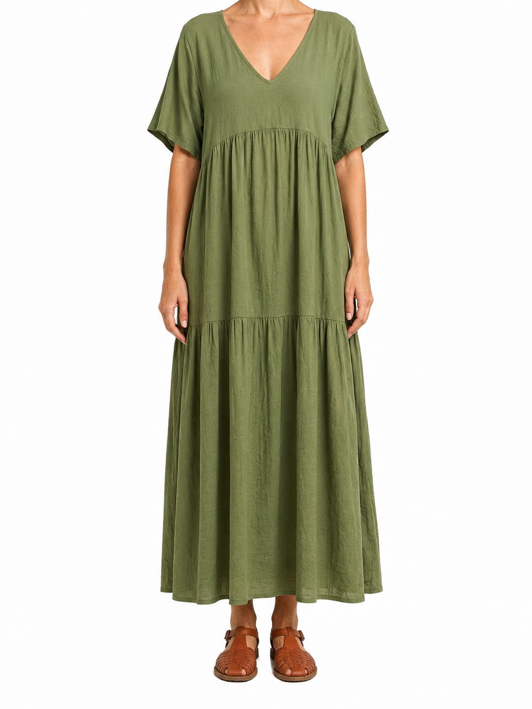 Women's Plain Woven Short Dolman Sleeve V-Neck Double Tiered Gathered Seam Oversized Relaxed Maxi Dress