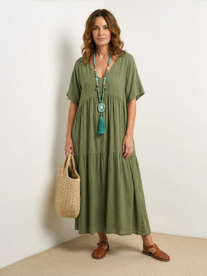 Women's Plain Woven Short Dolman Sleeve V-Neck Double Tiered Gathered Seam Oversized Relaxed Maxi Dress