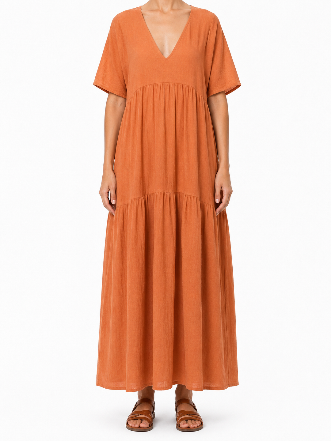 Women's Plain Woven Short Dolman Sleeve V-Neck Double Tiered Gathered Seam Oversized Relaxed Maxi Dress