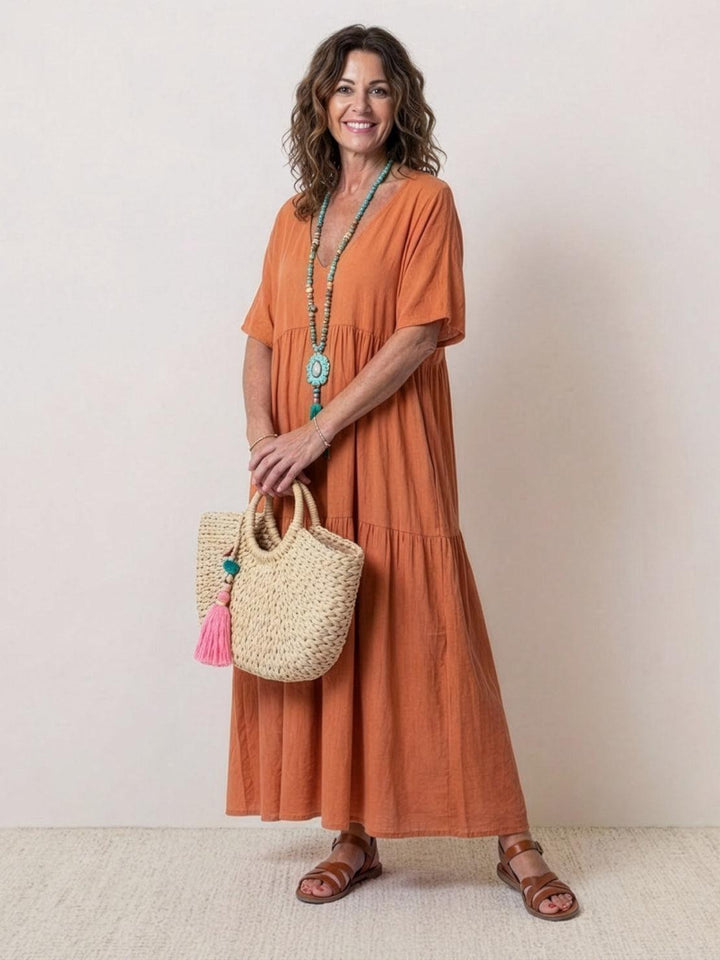 Women's Plain Woven Short Dolman Sleeve V-Neck Double Tiered Gathered Seam Oversized Relaxed Maxi Dress