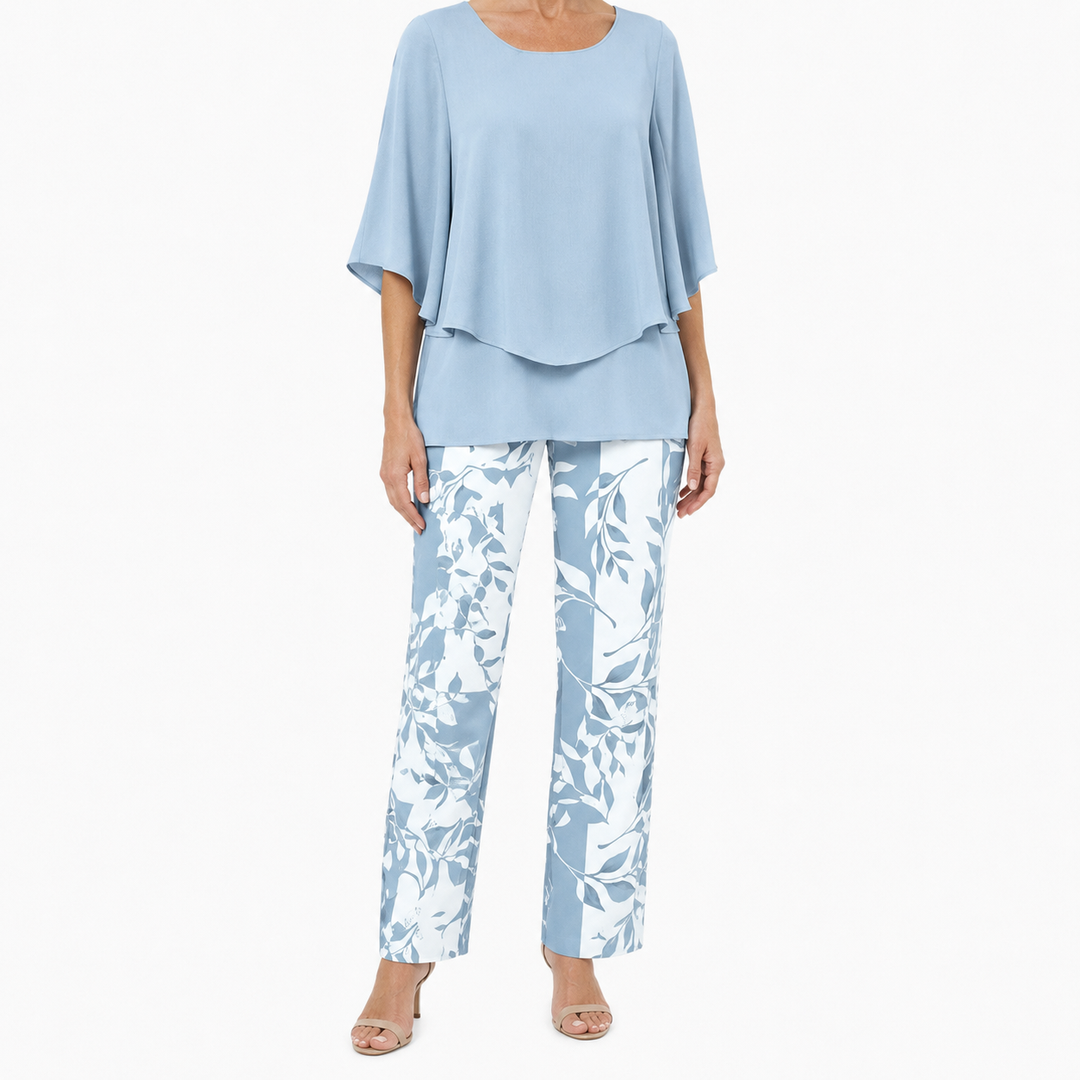 Women's Plain Woven Three-Quarter Sleeve Round Neck Double Layer Hem Top and Botanical Leaf Print Wide Leg Trouser Two-Piece Set