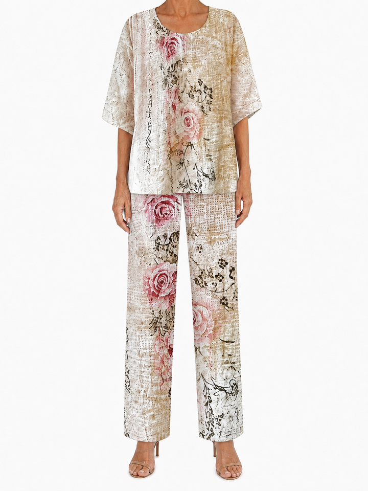 Women's Plain Woven Three-Quarter Sleeve Round Neck Double Layer Hem Top and Botanical Leaf Print Wide Leg Trouser Two-Piece Set